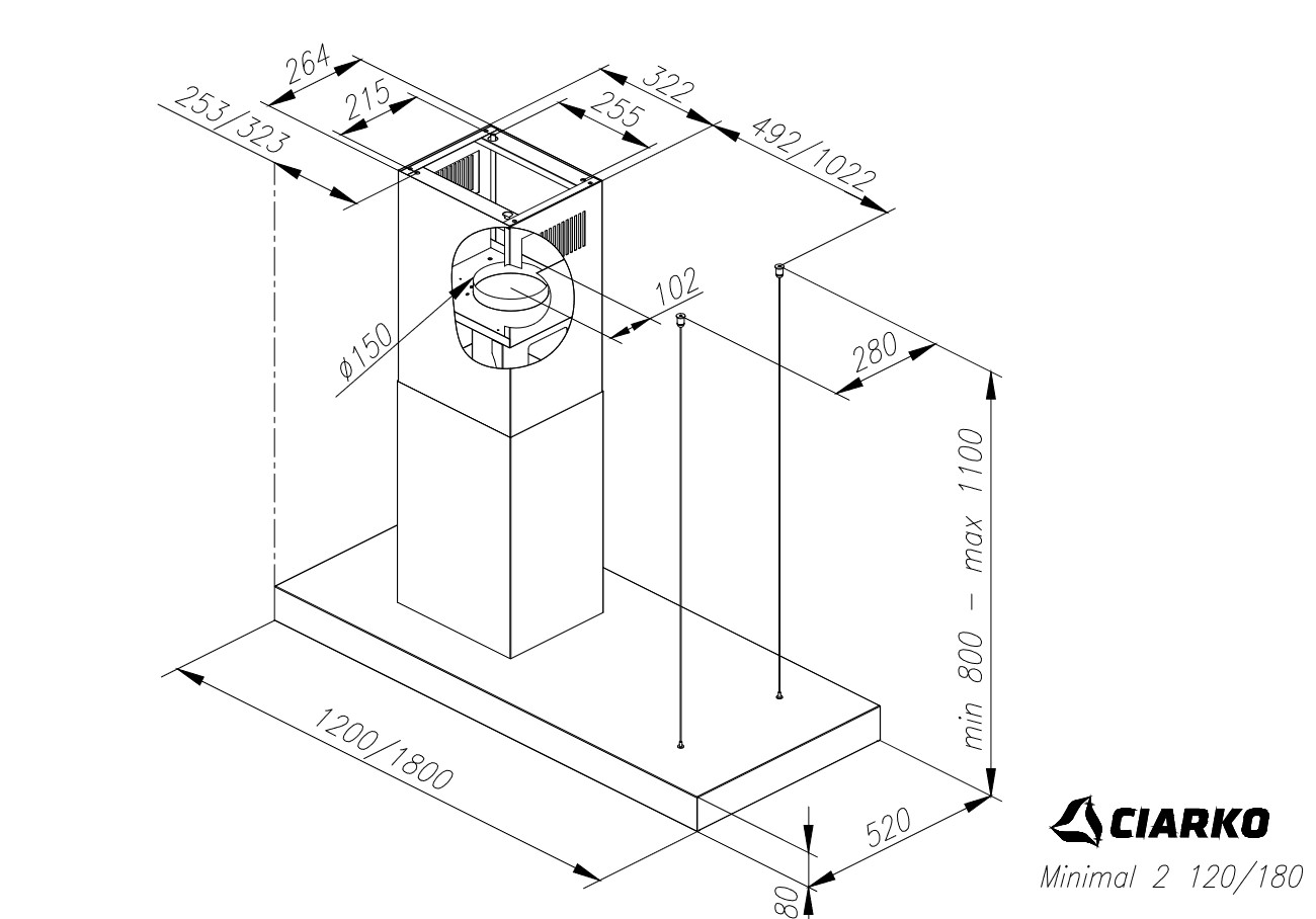 Okap wyspowy Minimal 2 czarny bez haczyków 120cm CIARKO CDW1202C - obrazek 5
